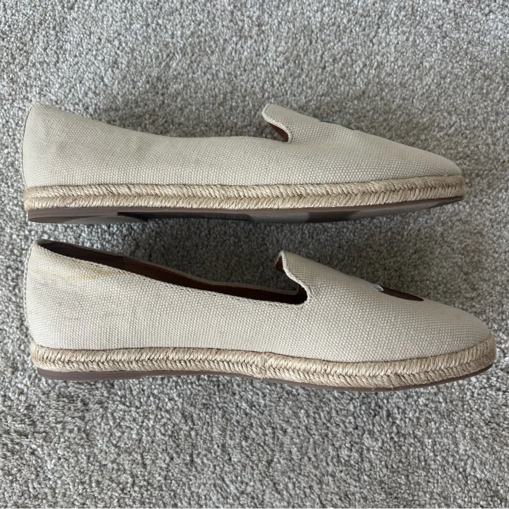 J. Crew Tropical Embroidered Tan Espadrilles Slip On Loafer Palm Tree Cocktail